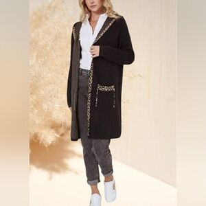 🆕 Black W/ Leopard Trim Soft Knit Cardigan W/ Hood Plus Sz 3Xl NWT